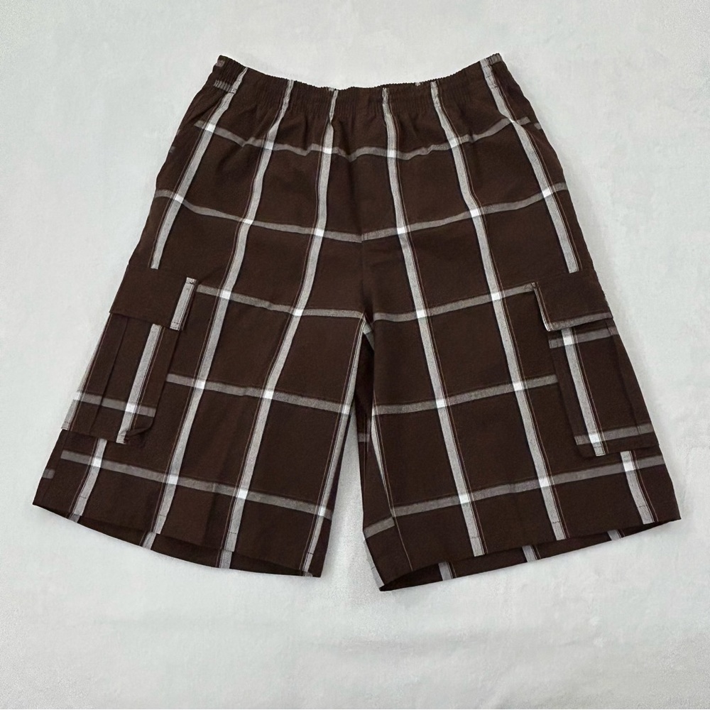 Shaka Wear Brown Plaid Relaxed Fit Casual Cargo Hybrid Baggy Shorts Pants Mens